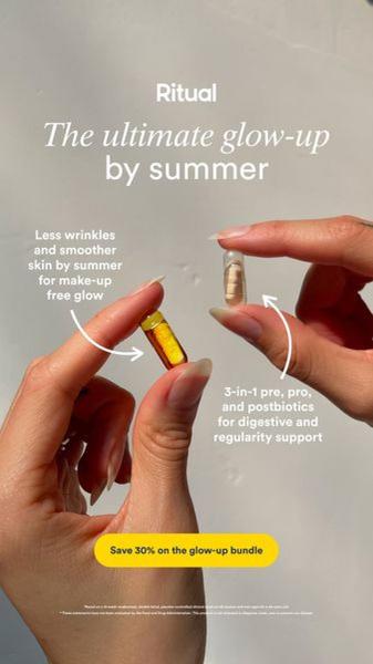 This 9:16 vertical ad uses a split-screen perspective to compare two distinct supplement capsules while highlighting specific skin and digestive benefits.